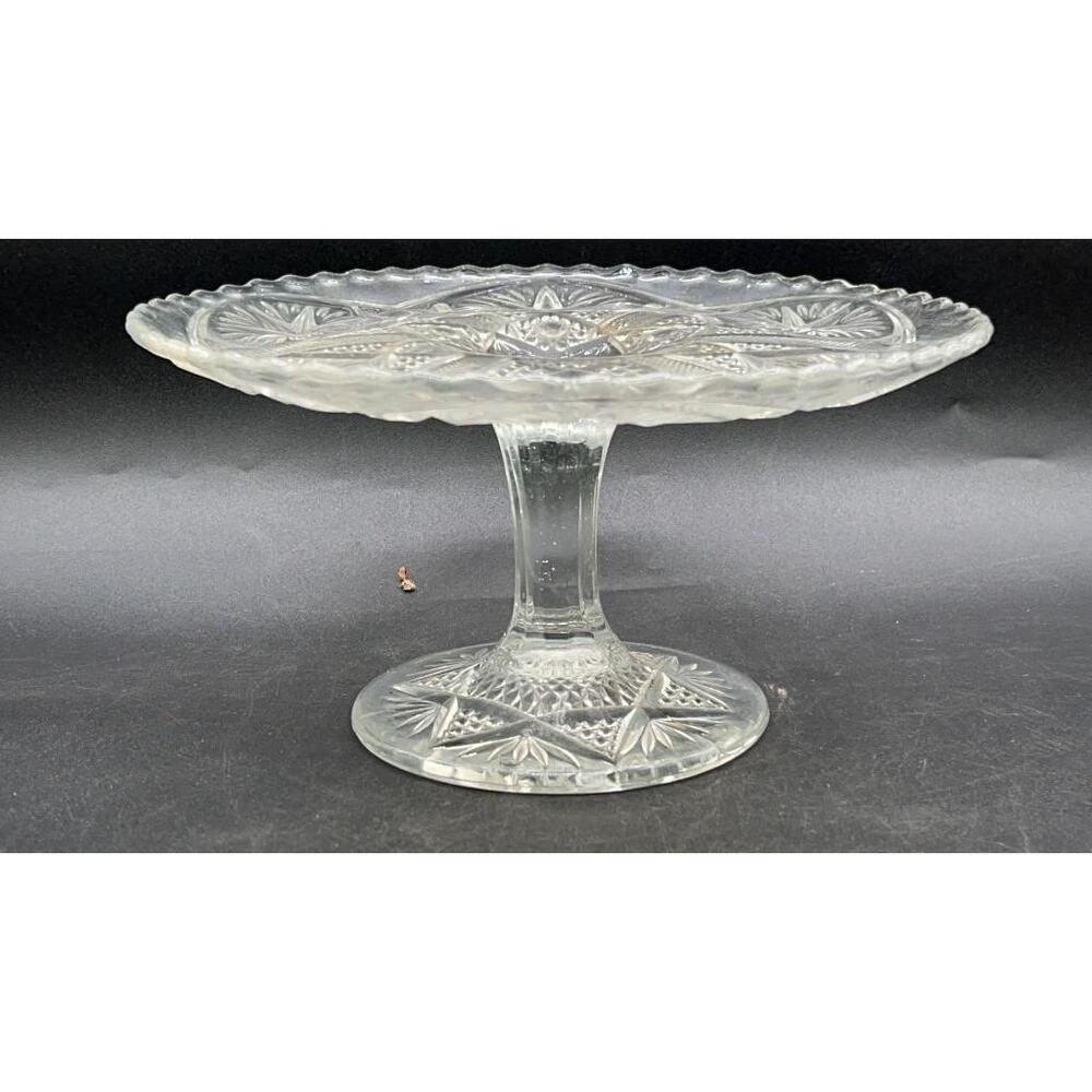 VTG Pressed Glass Pedestal Cake Stand 8.25" Scalloped Edge Starburst Design